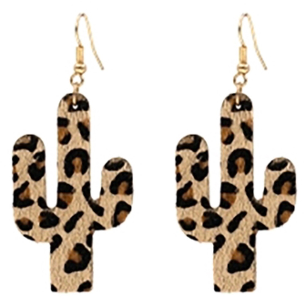 BROWN CACTUS ANIMAL LEATHER PRINT HOOK EARRINGS-LEOPARD